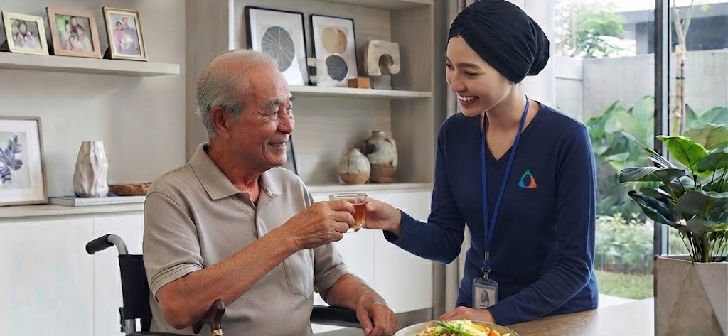 Elderly man in a wheelchair receives a drink from a smiling caregiver in a bright home.