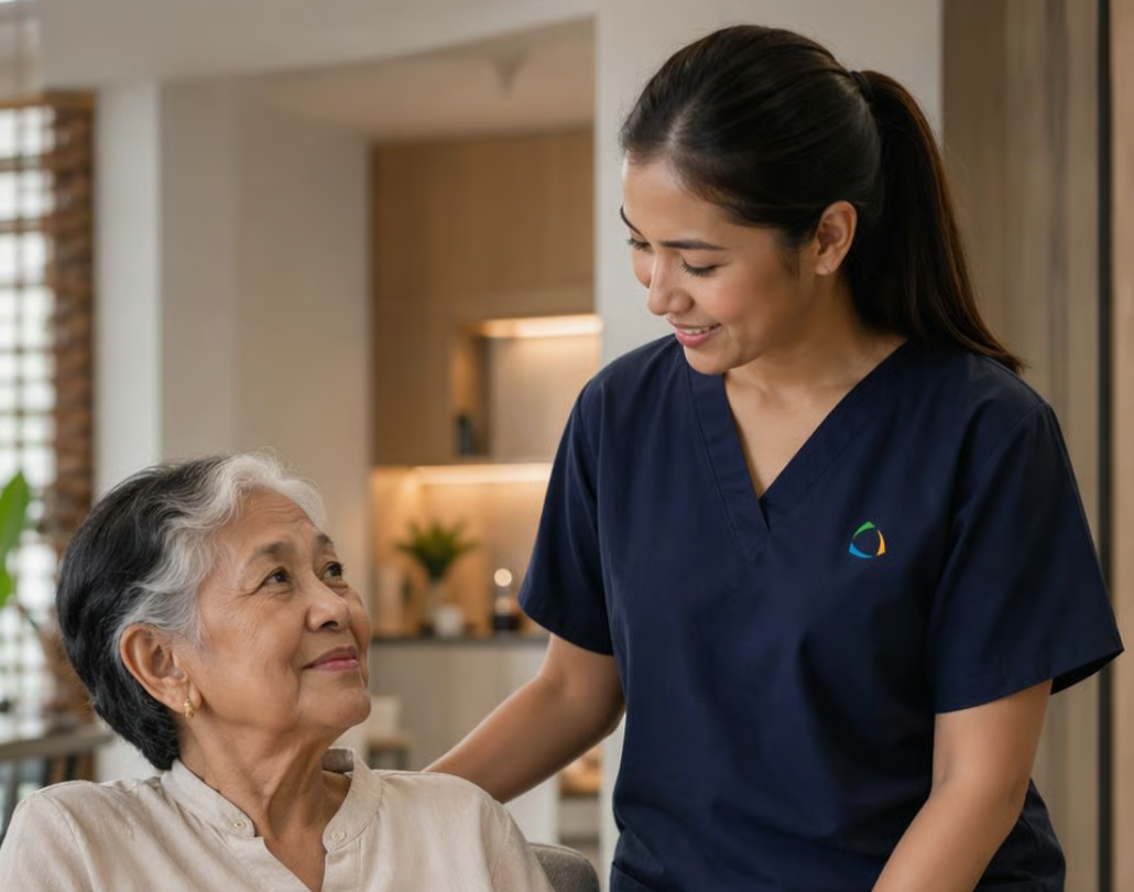 Elderly woman smiles up at a woman in navy scrubs inside a warmly lit home.