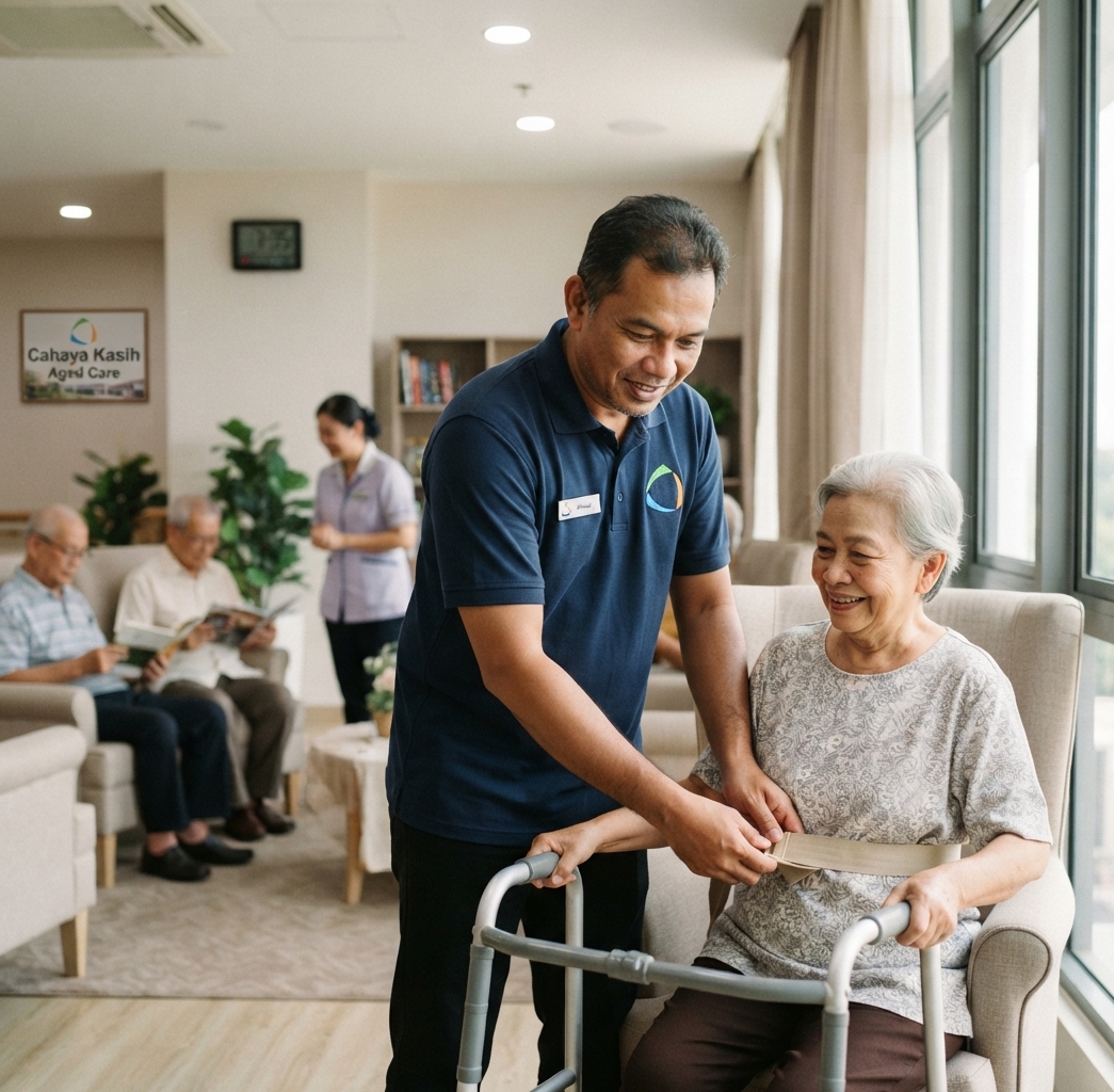 Caregiver helps an older woman using a walker in a bright aged-care lounge.