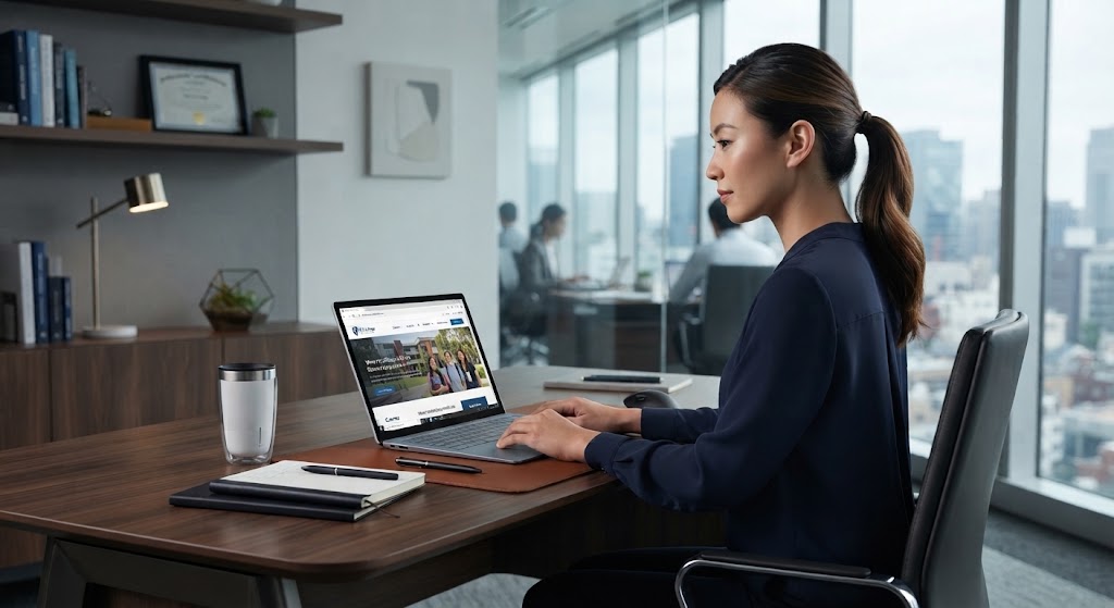 Woman working on a laptop at a wooden desk in a modern office overlooking a city skyline.