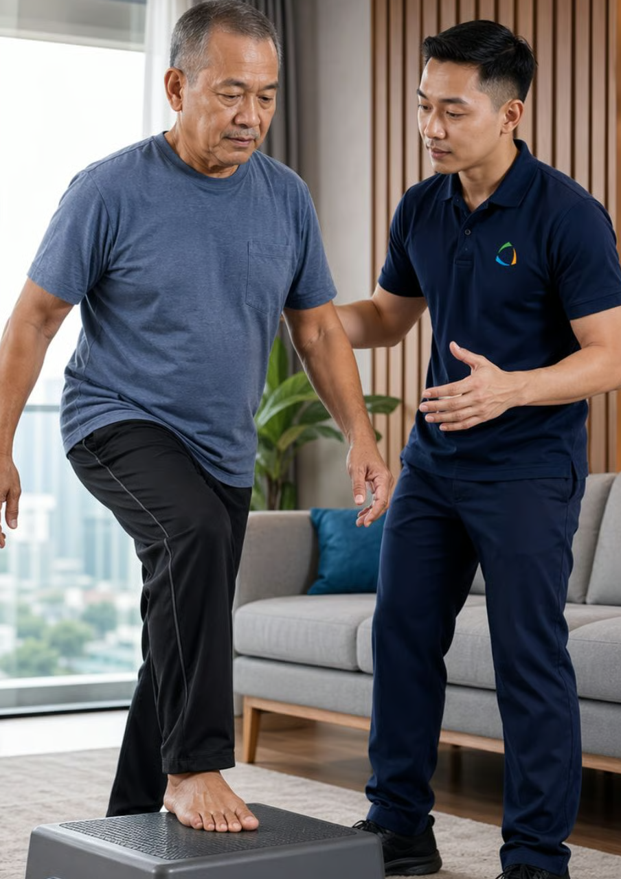 Older man steps barefoot onto an exercise platform while a younger trainer steadies him in a living room.