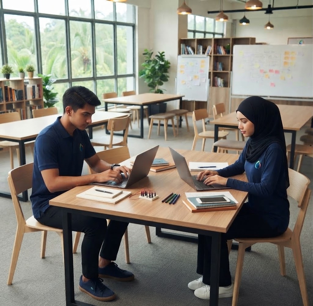 Two students work on laptops at a wooden table in a bright classroom with bookshelves, plants, windows, and whiteboards.