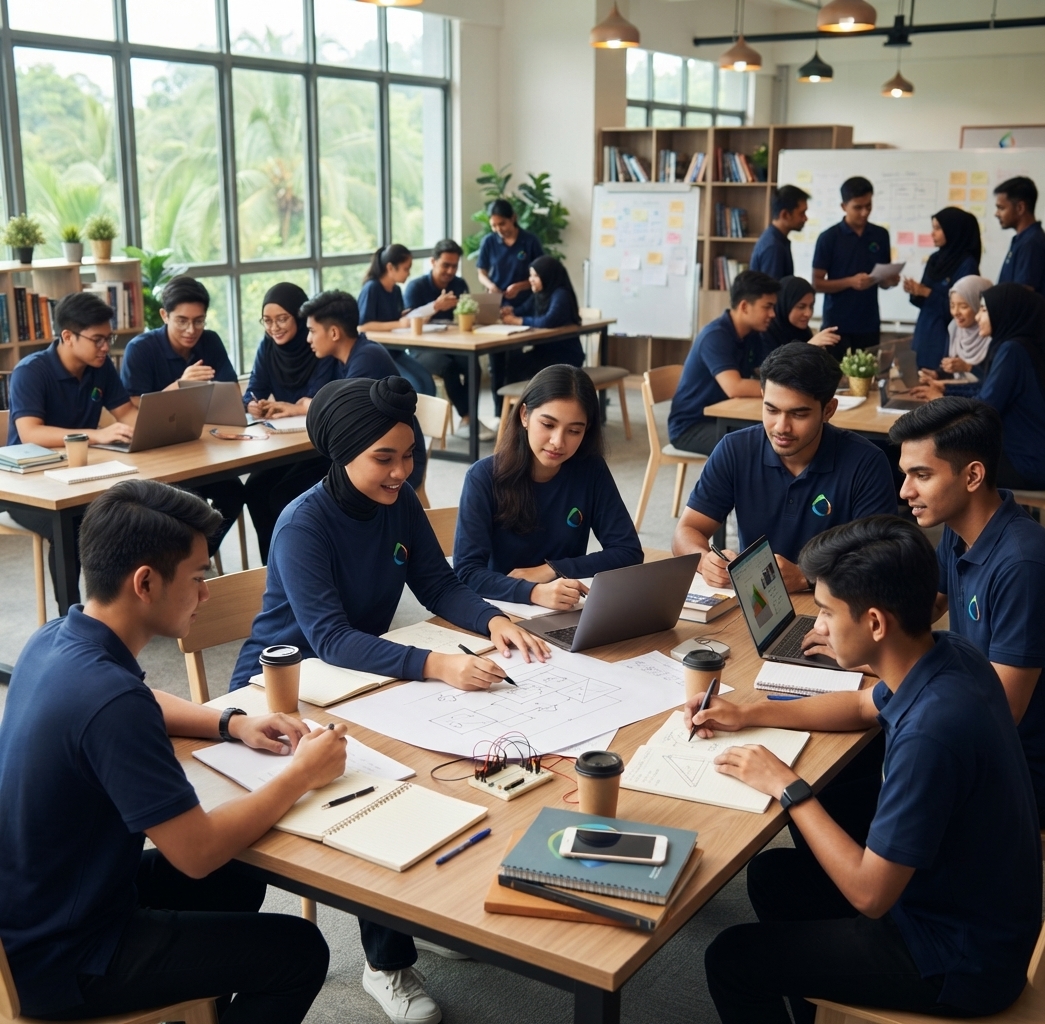 Young adults in navy shirts collaborate around tables with laptops, notebooks, diagrams, and an electronics project in a bright classroom.