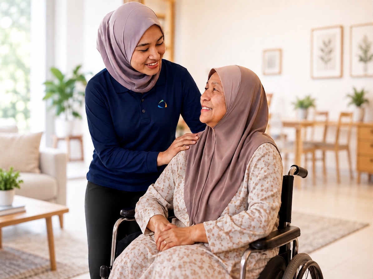 Caregiver in a lavender hijab smiles beside an older woman in a wheelchair in a bright home.