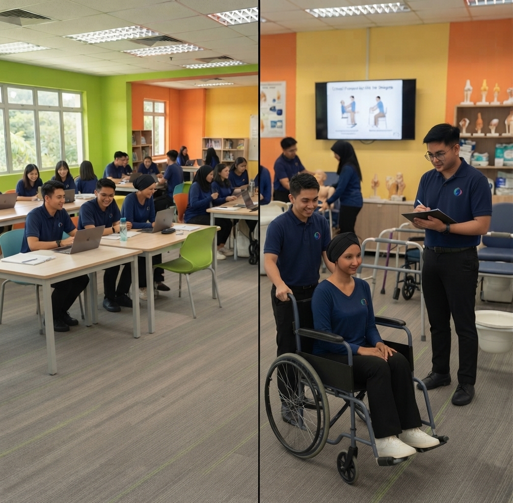 Split view of a colorful classroom and a rehabilitation training room with a woman in a wheelchair.