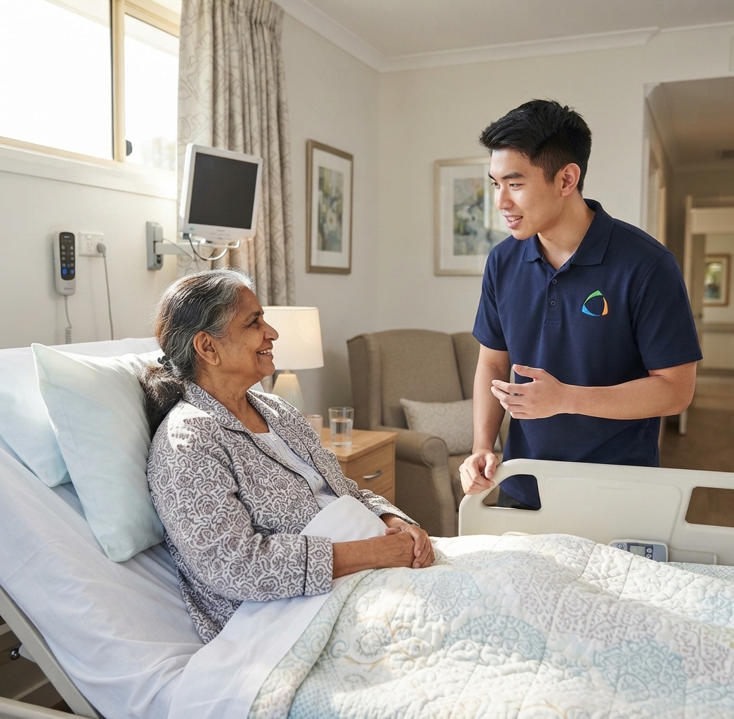 Older woman in a hospital bed smiles at a caregiver standing beside her in a bright care room.